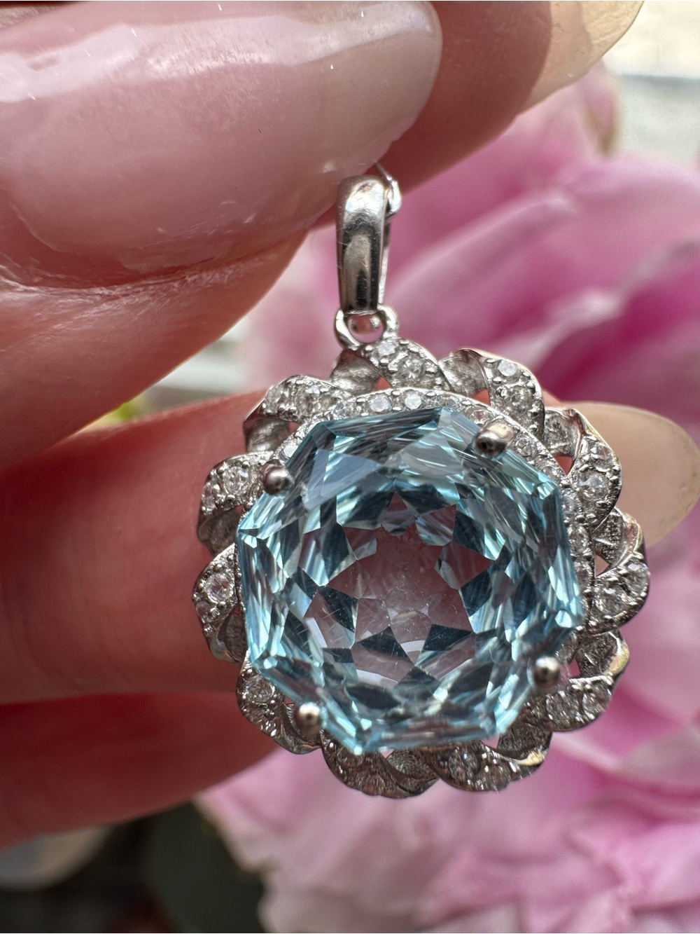 NWT aquamarine blue topaz pendant necklace Portugese cut 925 silver w ribbon cz